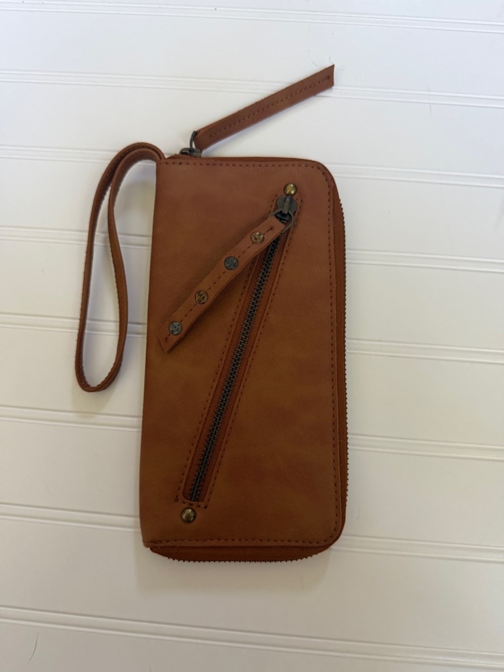 (145)Free People Cognac Tan Wristlet Clutch with Diagonal Zip Detail